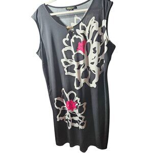 Black Sleeveless Floral Dress W/ Pink & White Abstract Print By Chicwe 3X